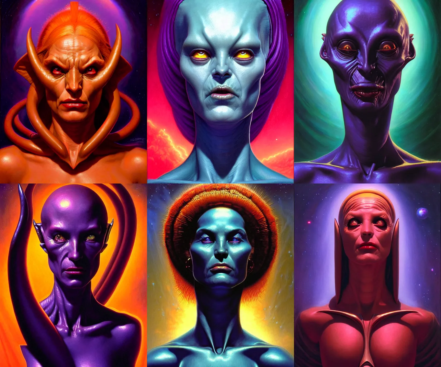 Prompt: cinematic bust portrait of villainous female extraterrestrial queen, head and chest only, exotic alien features, Tim Hildebrandt, Wayne Barlowe, Bruce Pennington, donato giancola, ralph horsley, oil on canvas, masterpiece, trending on artstation, featured on pixiv, cinematic composition, dramatic pose, beautiful lighting, sharp, details, hyper-detailed, HD, HDR, 4K, 8K