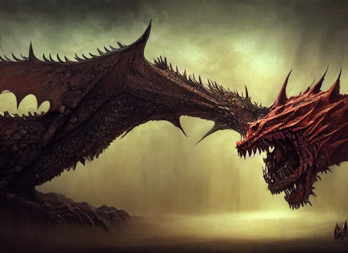Image similar to dragon concept, dragon body, dragon head, monster hunter monster, brent hollowell, beksinski