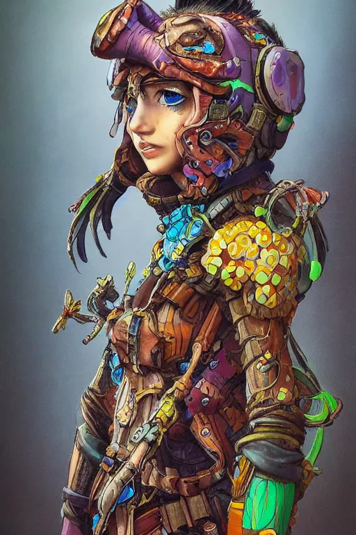 Image similar to a character wearing a crazy detailed diy costume with fluo colored details, muted colors, nausicaa, satoshi con, hyper real painting