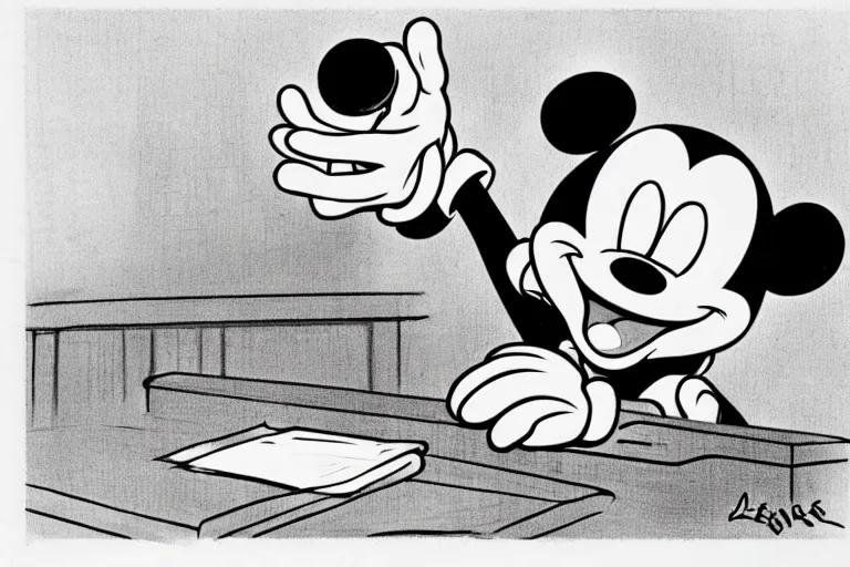 Image similar to courtroom sketch of vintage disney character mickey mouse presenting evidence of copyright infringement to the judge bench court room wooden serious dark tone