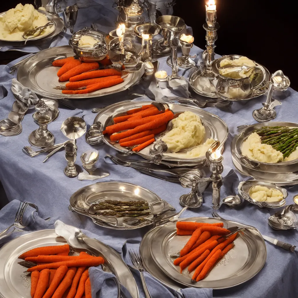 Image similar to product shot of a five - star dinner with prime rib, asparagus, mashed potatoes and gravy, and steamed carrots with blue table cloth and lit candles in ornate silver candlesticks, ultra - realistic, photo realism, professional photograph, extreme detail, deep focus, laser sharp, volumetric lighting, atmospheric, five - star, luxury, elite