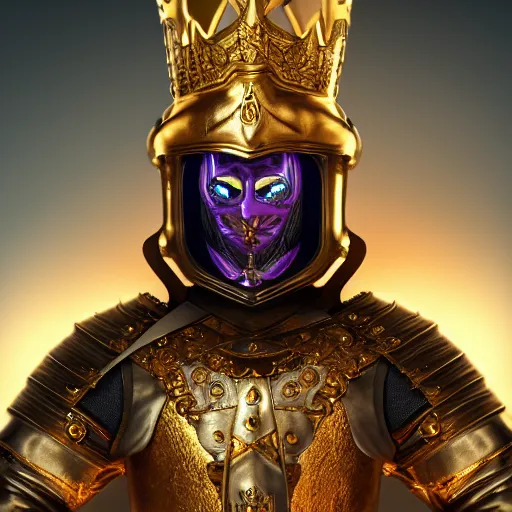 Image similar to a highly detailed knight with glowing purple eyes in a golden helmet and a golden crown with a diamond in the center, golden armor, leather clothes under the armor, leather gloves, holds a black sword, artstation, DeviantArt, professional, octane render, sunset lighting