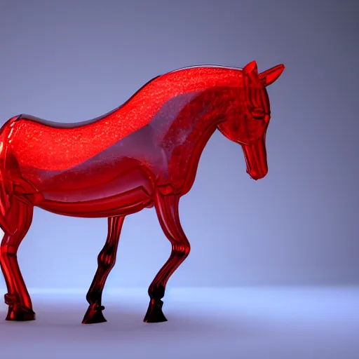 Prompt: 3d model glass horse partially filled with red juice walking and spilling. fully visible. art station. magnificent