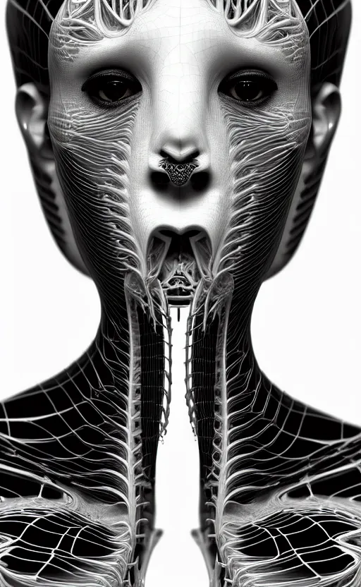 Image similar to a black and white 3D render of a beautiful portrait of a young female angelic-dragon-cyborg face with a very long neck, 150 mm, orchids, Mandelbrot fractal, anatomical, flesh, facial muscles, veins, arteries, full frame, microscopic, elegant, highly detailed, flesh ornate, elegant, high fashion, rim light, ray trace, octane render in the style of H.R. Giger and Man Ray, Realistic, Refined, Digital Art, Highly Detailed, Cinematic Lighting, rim light, black and white, photo-realistic Unreal Engine, 8K