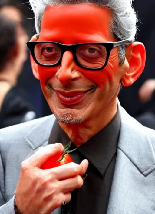 Prompt: jeff goldblum dressed as a tomato