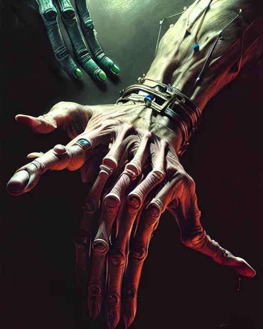 Image similar to human hand anatomy for artists fantasy character portrait, ultra realistic, cinematic, concept art, wide angle, intricate details, hologram, highly detailed by greg rutkowski, aaron horkey, gaston bussiere, craig mullins, simon bisley, arthur rackham