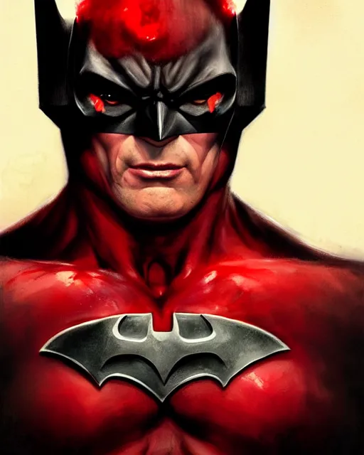 Image similar to character portrait of a muscular old batman with the batlogo in his chest made of blood, piercing bright red eyes, and pale skin, by greg rutkowski, mark brookes, jim burns, tom bagshaw, trending on artstation