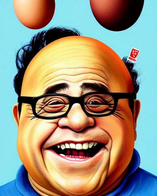 Image similar to painting portrait of danny devito as an egg, cartoon, warm lighting, danny devito has an egg body, movie poster, illustration by bartek fedyczak, erak note, tooth wu, neil richards, kan liu, siwoo kim, jisu choe, trending on art station