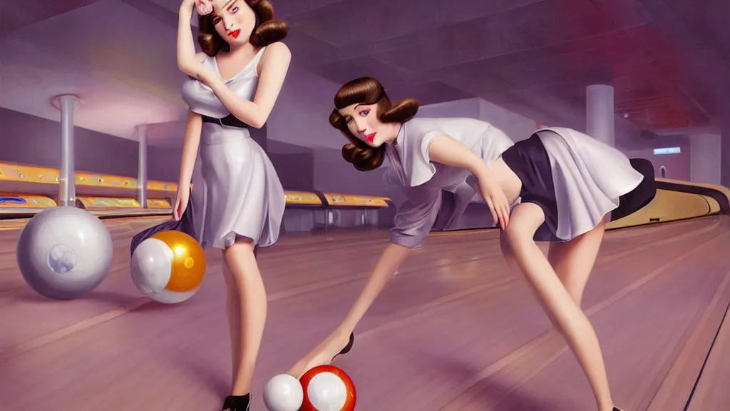 Image similar to art deco bowling alley, cute girls bowling, photo, ultra detail, photoreal, professionally retouched, soft moonlight lighting, shiny plastic miniskirt, realistic, smooth face, goddess, luscious lips, perfect eyes, wide angle, sharp focus on eyes, 8 k high definition, insanely detailed, intricate, elegant, art by artgerm and wlop