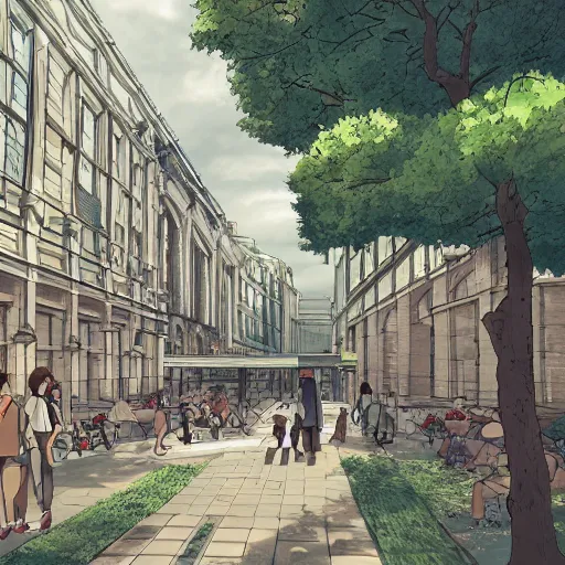 Image similar to Jussieu campus (Sorbonne Université) in the style of studio ghibli, beautiful landscape, intense lighting, 8k, trending on artstation