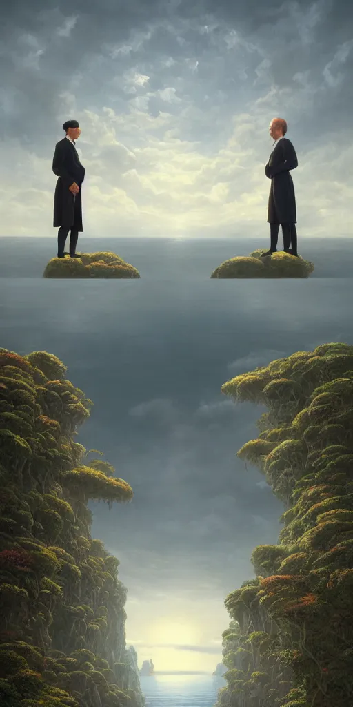 Image similar to symmetry!! they looked at each other, surreal landscape, serene, peace, very detailed, perfect composition, perfect lighting, 4 k, greg rutkowski, rene magritte, tim white, artgerm