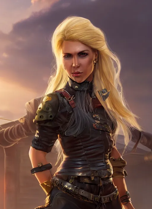 Image similar to An epic fantasy comic book style portrait painting of tall blonde haired female sky-pirate with a serious face and a pony tail in front of a metal gangplank, unreal 5, DAZ, hyperrealistic, octane render, cosplay, RPG portrait, dynamic lighting