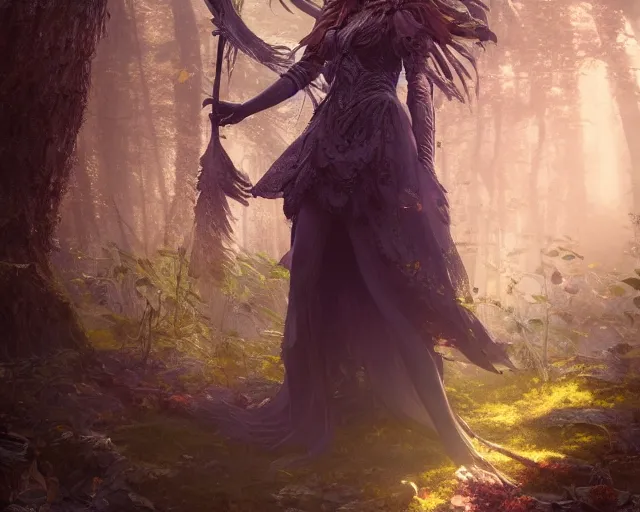 Prompt: 5 5 mm portrait photo of an armored gorgeous aesthetic woman witch, in magical fairy forest. art by greg rutkowski. highly detailed 8 k. vibrant. bright. intricate. lifelike. soft light. nikon d 8 5 0.