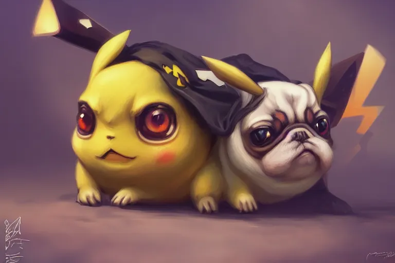 Image similar to photography of pikachu pug, deep focus, d & d, intricate, elegant, highly detailed, digital painting, artstation, concept art, matte, sharp focus, illustration, hearthstone, art by artgerm and greg rutkowski and alphonse mucha