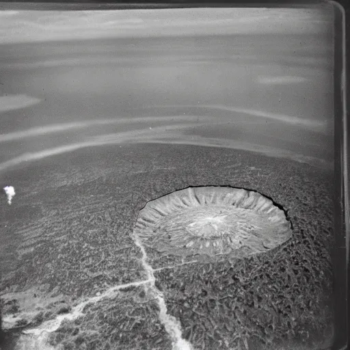 Image similar to a large nuclear crater in manhattan, a destroyed forest is in the distance, there is smoking coming from the city, taken from a plane, realistic, taken on a ww 2 camera.