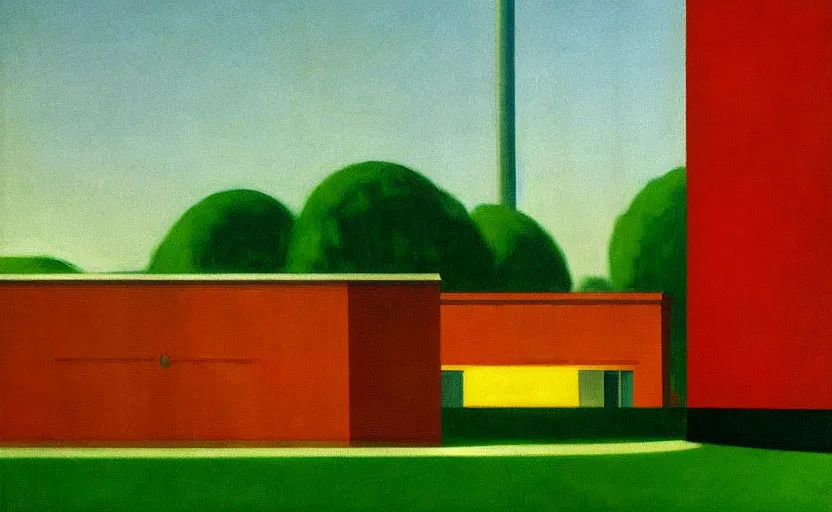 Image similar to geometric painting of industrial buildings surrounded by undergrowth by edward hopper