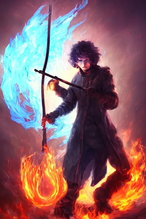 Image similar to a mysterious man holding a fire scythe in blue flames, WLOP, Ross Draws, mixed media, digital art, trending on artstation, 8k, epic composition, highly detailed, AAA graphics