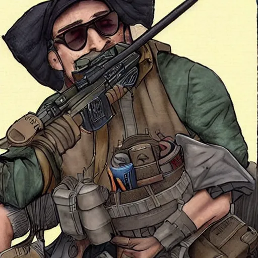 Image similar to nerdy neckbeard sniper, illustrated, detailed