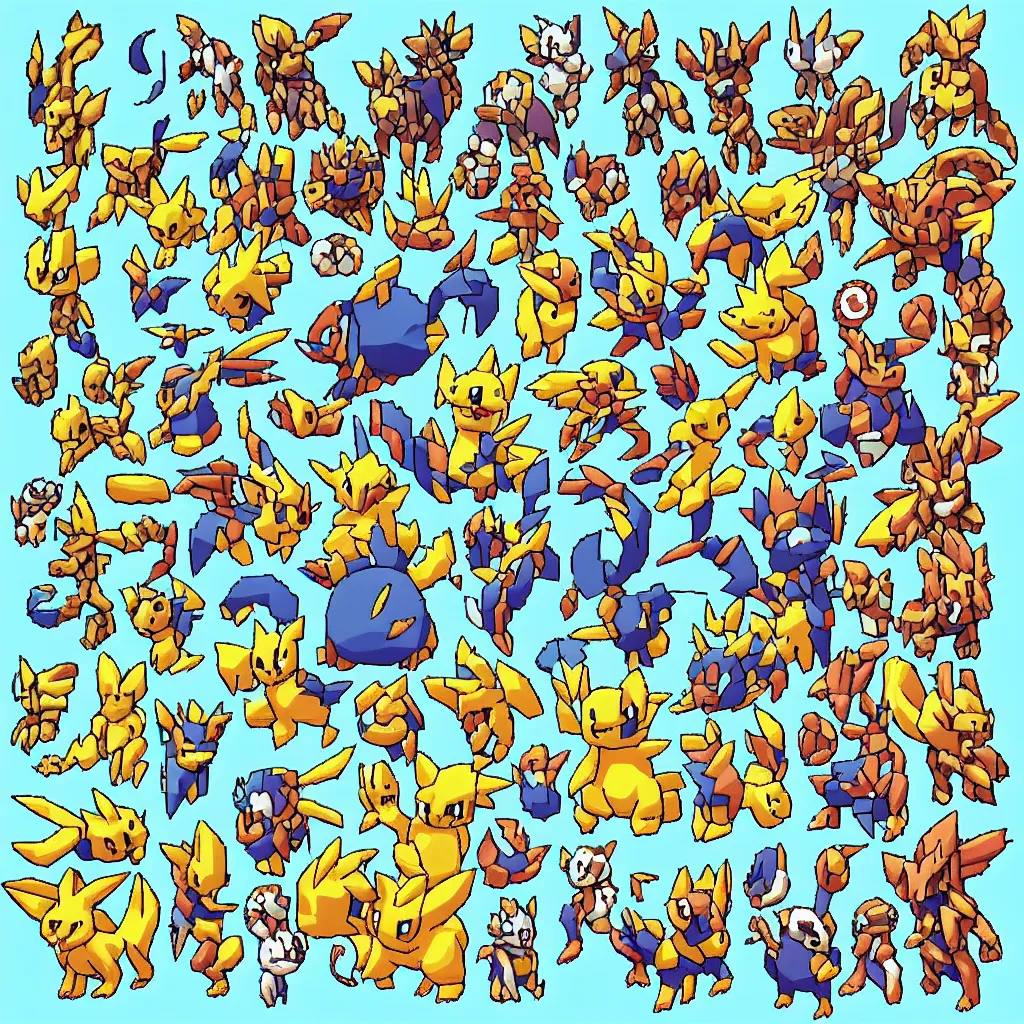 Image similar to pixelated pokemon monster inspired by ragnarok online, 1 2 8 bit, 1 0 0 0 x 1 0 0 0 pixel art, 4 k, super detailed, nintendo game, pixelart, high quality, no blur, sharp geometrical squares, concept pixelart