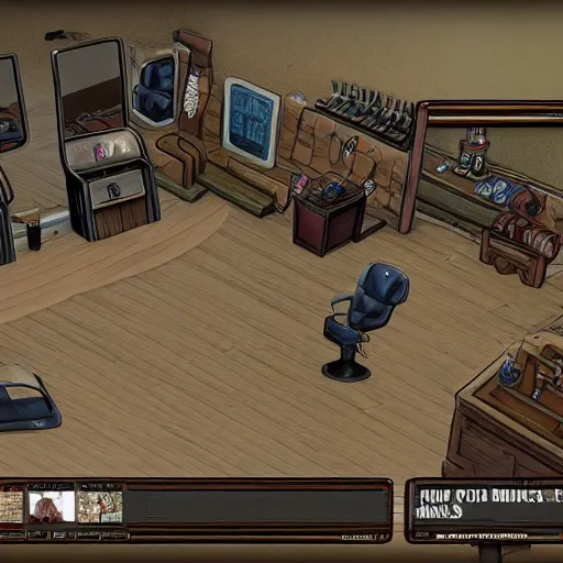 Prompt: A barbershop in the video game Disco Elysium