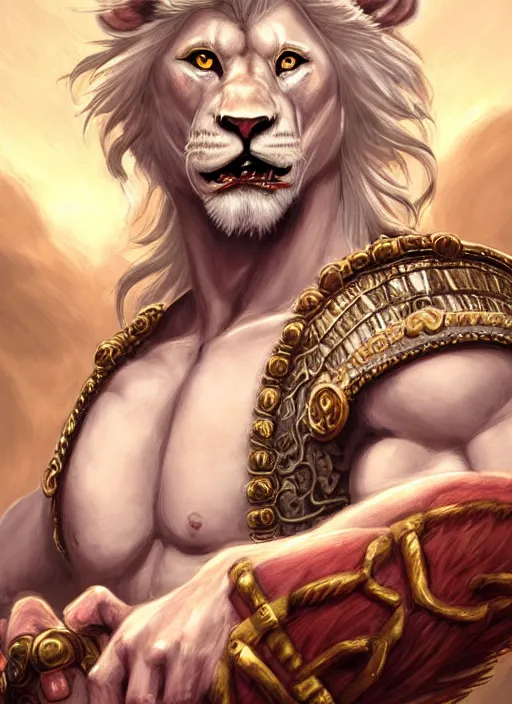 Image similar to aesthetic portrait commission of a of a male fully furry muscular anthro albino lion with a tail and a beautiful attractive hyperdetailed face, wearing ancient roman attractive gladiator outfit while holding a gladiators sword in his hand in a giant roman coliseum at golden hour. Character design by charlie bowater, ross tran, artgerm, and makoto shinkai, detailed, inked, western comic book art, 2021 award winning film poster painting