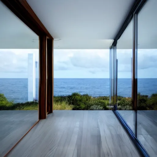 Prompt: modern minimalist zen window sill overlooking the pale blue sea