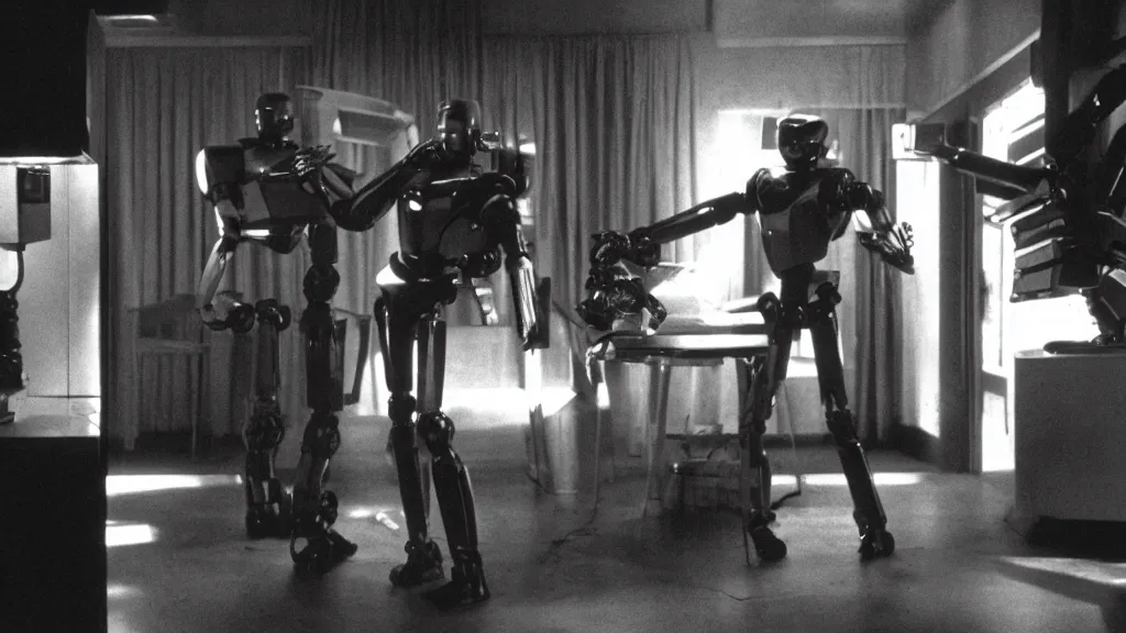 Image similar to movie scene of pulp fiction but with robots, movie still, cinematic composition, cinematic light, by david lynch
