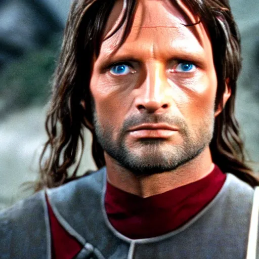 Image similar to Aragorn as Scotty on Star Trek: The Original Series, red shirt, no crop, face visible, sharp focus, high quality, very realistic, 4k