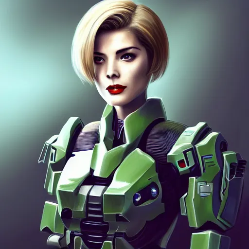 Image similar to A combination of Ada Wong's and Grace Kelly's and Ashley Greene's appearances with blonde hair wearing Master Chief's armor from Halo, high tech, action shot, angular, full body portrait, futuristic, dramatic, fantasy, intricate, elegant, highly detailed, digital painting, artstation, concept art, matte, sharp focus, illustration, art by Donato Giancola and James Gurney