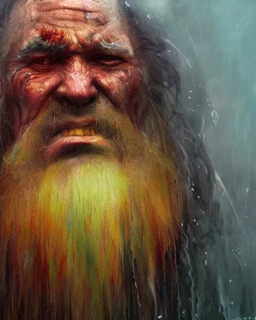 Prompt: a film still extreme close - up shot of an old wizard in a misty swamp by esao andrews. colorful, vibrant. trending on artstation