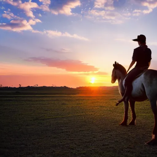 Image similar to a frog on the back of a horse riding into the sunset, realistic photography 8k