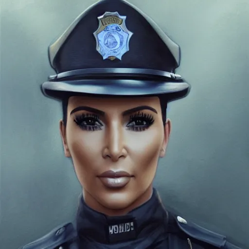 Image similar to kim kardashian as a cop wearing a police uniform, face portrait, scared emotion, haunted forest with a ufo sitting in the fog, pretty, aesthetic, dust molecules, matte detailed photo, DeviantArt, Artstation, by donato giancola, ralph horley, loish, ufo lighting