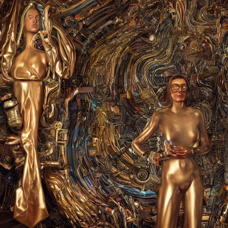 Prompt: octane render portrait by wayne barlow and carlo crivelli and glenn fabry and salvador dali and wes anderson, a giant futuristci woman with an elongated body made out of iridescent long metallic rubber tubing, in front of a huge silk tapestry, cinema 4 d, ray traced lighting, very short depth of field, bokeh