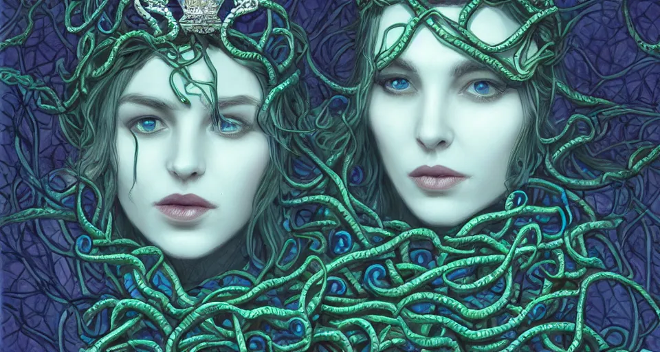 Image similar to detailed portrait of the queen of snakes, pale blue, emerald, sapphire, wearing a crown of vines, nest of vipers, moonlit, dark fantasy concept art, dramatic lighting, artstation