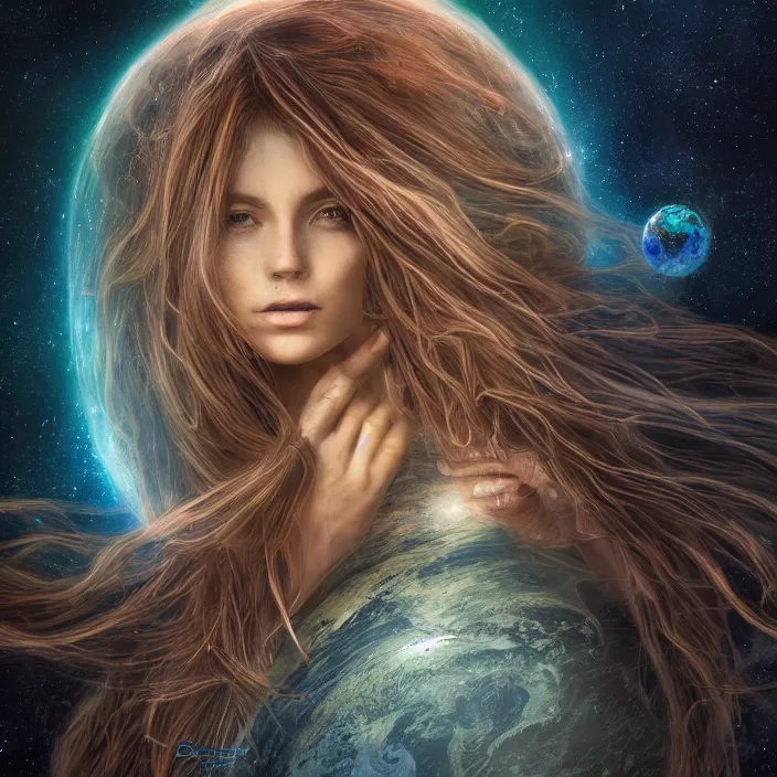 Prompt: beautiful celestial woman with long hair wrapping downward into planet seen for space, hyper-detailed, smooth, sharp focus, depth map, digital painting, apocalyptic art, fantasy dark art, 4k ultra hd, cinematic