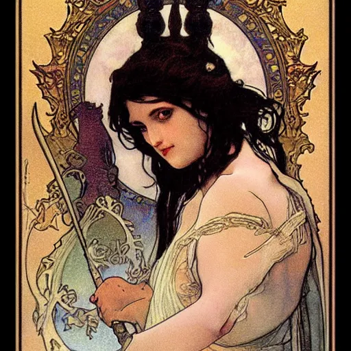 Prompt: A tarot card shows hope and love, sword, dragon, girl with black hair, detailed face, by Alfons Maria Mucha