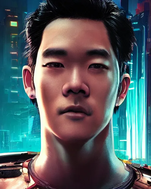 Prompt: Young John Cho as an android character in Cyberpunk 2077 digital illustration portrait design by, Mark Brooks and Brad Kunkle detailed, gorgeous lighting, wide angle action dynamic portrait