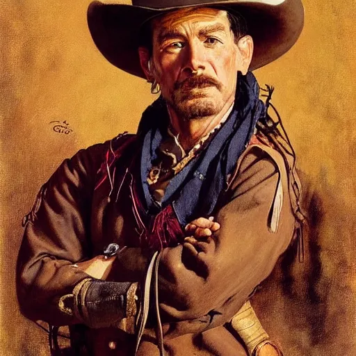 Image similar to a man, cowboy hat, portrait, cowboy movie character, wild west, fantasy, highly detailed, oil painting, illustration, art by Charles E. Chambers, J. C. Leyendecker and norman rockwell