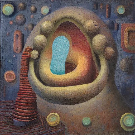 Prompt: a detailed, impasto painting by shaun tan and louise bourgeois of an abstract forgotten sculpture by ivan seal and the caretaker, album cover