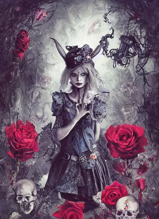 Prompt: Alice in Wonderland,roses, bullets, guns,death tarot card,highly detailed,half skull face,cinematic,8k,by Stanley Artgermm,Tom Bagshaw,Greg Rutkowski,Carne Griffiths, Ayami Kojima, Beksinski, Giger,trending on DeviantArt,hyper detailed,horror, full of colour