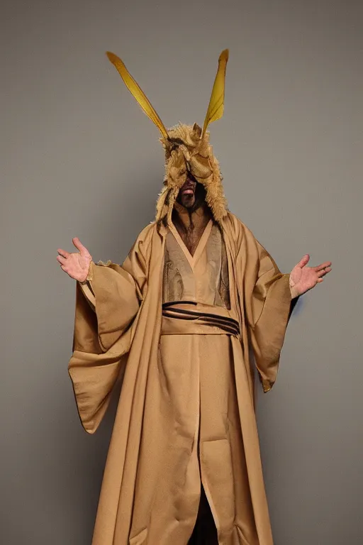 Image similar to man dressed in ceremonial robes resembling a moth, extremely detailed, photo - realistic, 8 k,