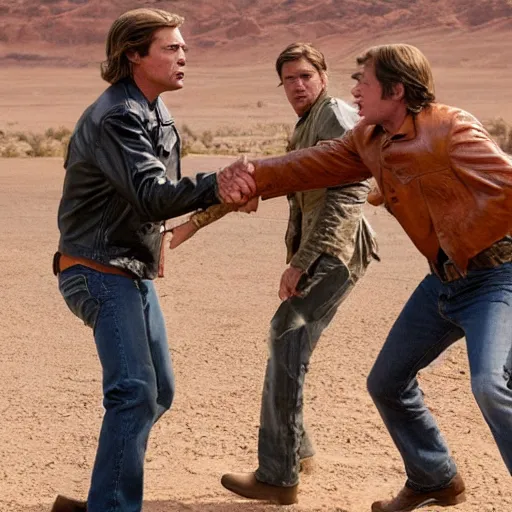 Prompt: Rick Dalton and Cliff Booth from Once Upon a Time in Hollywood fighting eachothers in a desert with blood on their faces and ground