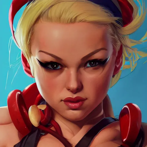 Image similar to portrait of Cammy White from Streetfighter, League of Legend illustration by Sam Youn:3, profile picture by Gil Elvgren:3, asymmetrical, Organic Painting, Ambient Occlusion:3, Matte Painting, bold shapes, hard edges, street art, trending on artstation, realistic:2 by Sachin Teng:5