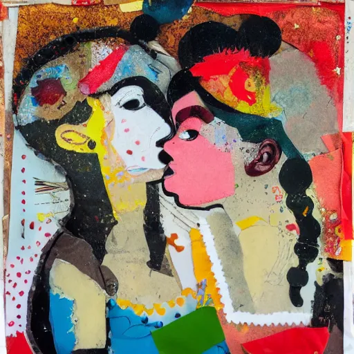 Prompt: two women kissing at a carnival, mixed media collage, retro, paper collage, magazine collage, acrylic paint splatters, bauhaus, layered paper art, sapphic visual poetry expressing the utmost of desires by jackson pollock