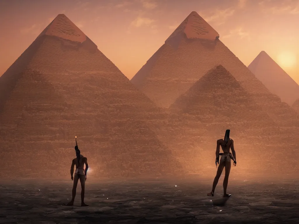 Prompt: photography of an egyptian god standing in front of the giza pyramid, fantasy ,volumetric lighting, intricate, elegant, hyperdetailed matte painting, highly detailed, digital painting, artstation, smooth, sharp focus, illustration, art by Makoto Shinkai and artgerm, hyperrealism, hyperrealistic, cinematic masterpiece, fantasy style 8k ultrahd octane render