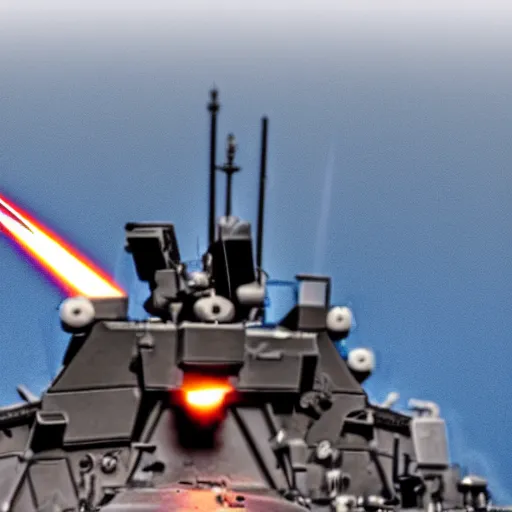 Image similar to Highly detailed photograph of a warship firing its advanced gun system, HDR, 8k