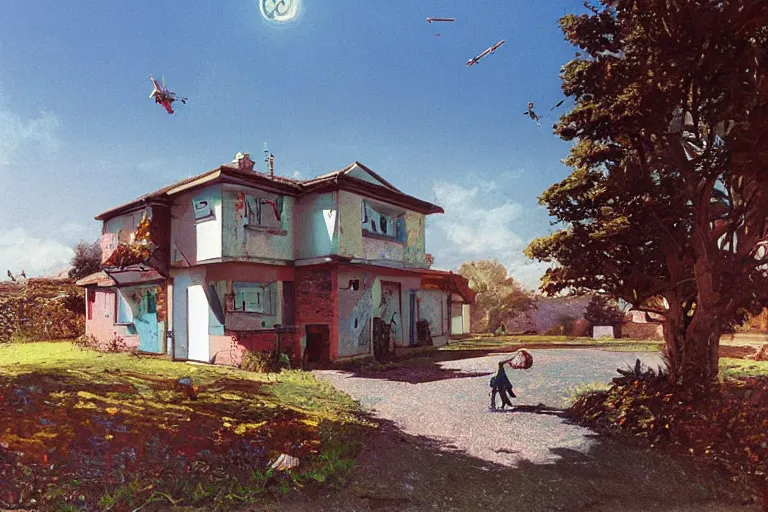 Prompt: cyberpunk, an estate agent listing external photo of a 5 bedroom detached house in the countryside, robots, sunny day, clear skies, by Paul Lehr, highly detailed, photorealistic, 8k, anamorphic, cinestill cinematrography