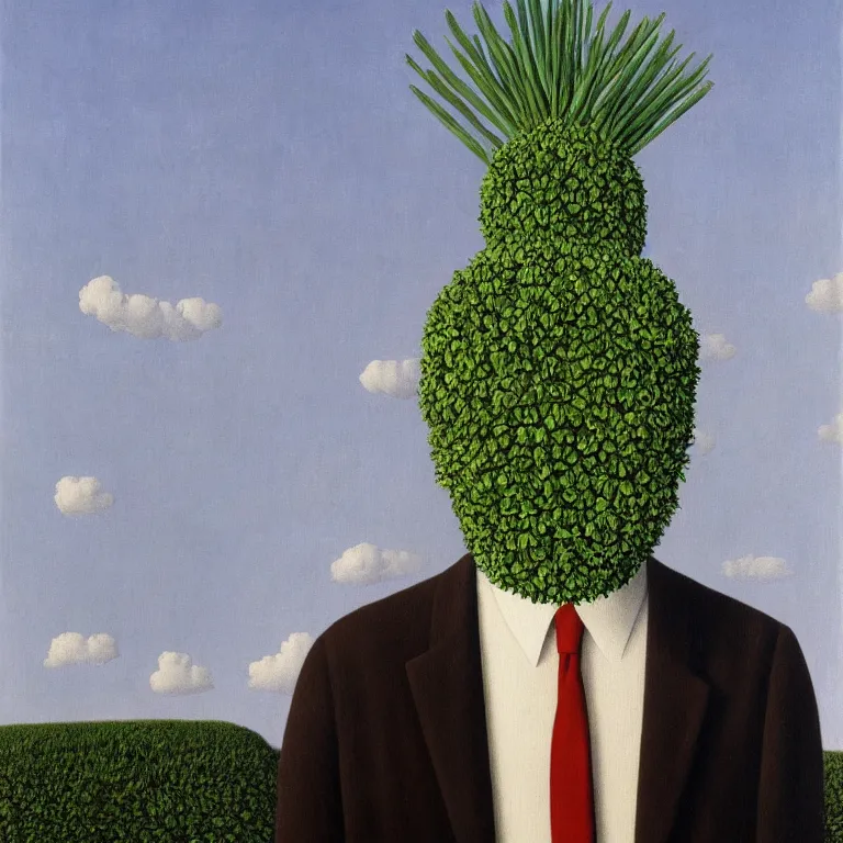 Image similar to portrait of a faceless flower - head man by rene magritte, detailed painting, distance, centered, hd, hq, high resolution, high detail, 4 k, 8 k