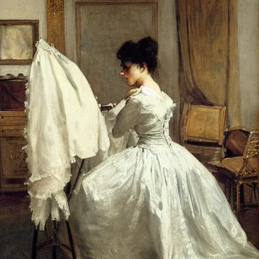 Image similar to seamstress working on a ballroom dress by alfred stevens