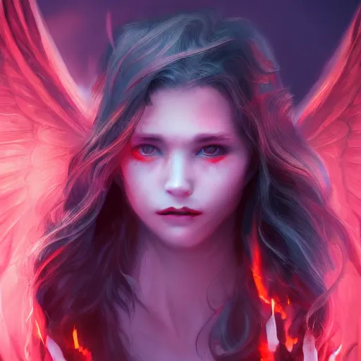 Image similar to young vampire princess with burning wings 4 k high definition gorgeous dramatic lighting artstation trending path traced contrast light and dark cinematic breathtaking by christensen, james c.